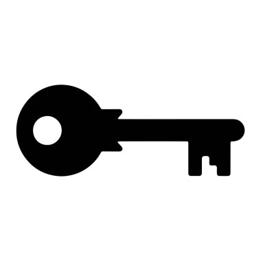 Bir anahtarın siyah silueti düz beyaz bir arkaplanda sergilenir. Anahtar, dairesel bir kafaya, bir iç daireye, bir düz şafta ve bir parça da iki farklı çentiğe sahiptir. Genel tasarım basit ve grafiktir, ortak bir O 'yu temsil eder.