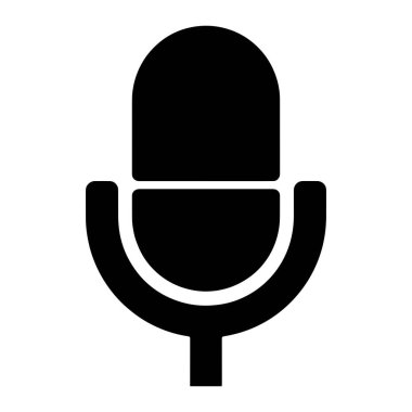 Basit, düz siyah bir mikrofon ikonu, beyaz arka planda merkezlenir. Mikrofon yuvarlak bir üst, yatay bir bölme çizgisi ve bir gövdeye konan kıvrımlı bir tabana sahiptir. Tasarım minimalist ve grafiksel..