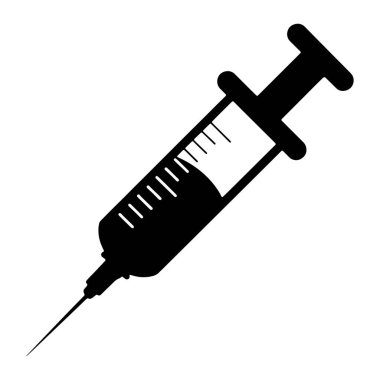 Sıvı dolu bir tıbbi şırınganın siyah silueti beyaz arka planda tasvir edilir. Şırınganın pompası, ölçü işaretleri olan bir namlusu ve keskin bir iğnesi var. Sıvı varilin yaklaşık yarısını dolduruyor..