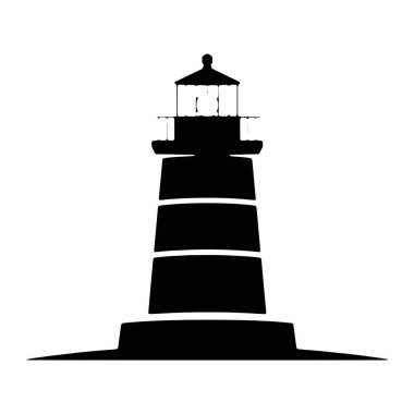 Saf siyah bir deniz feneri silueti temiz beyaz bir arkaplanda duruyor. Deniz fenerinde birkaç farklı yatay şeritle yukarı doğru incelen silindirik bir taban bulunur. Tepede, birden fazla penceresi olan bir fener odası var.