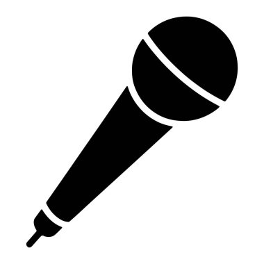 Beyaz arka planda basit siyah bir mikrofon silueti sergilenir. Mikrofonun, ızgarasını gösteren iki kıvrımlı çizgili yuvarlak bir kafası ve küçük silindirik bir tabanla biten ince bir sapı var. Görüntü temiz ve net.