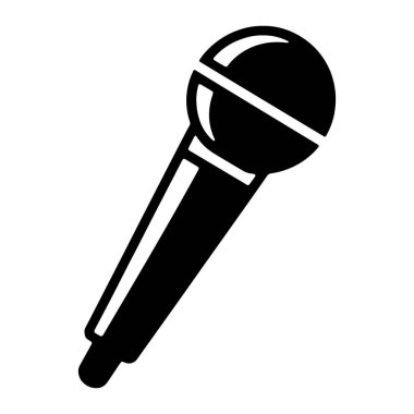 Bir mikrofonun basit bir siyah grafik simgesi beyaz bir arkaplanda resmedilir. Mikrofon belirgin bir yatay çizgiye sahip yuvarlak bir kafaya ve aşağıya doğru uzanan silindirik bir sapa sahiptir. Genel tasarım temiz ve küçük.