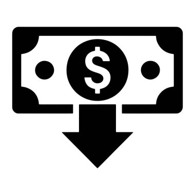 Siyah ve beyaz bir grafik ikonu, merkezinde dolar işareti olan biçimlendirilmiş bir banknot tasvir eder. Banknotun altında, aşağı bakan kalın siyah bir ok azalmayı ya da akışı gösterir. Banknotta yuvarlak köşeler ve her ikisinde de iki dairesel nokta var.