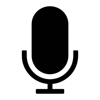 Yuvarlak bir kapaklı klasik bir mikrofonun basit siyah silueti ve düz beyaz bir arkaplana karşı bir stand sergilenir. Mikrofon düz, grafik bir şekilde resmedilmiş..