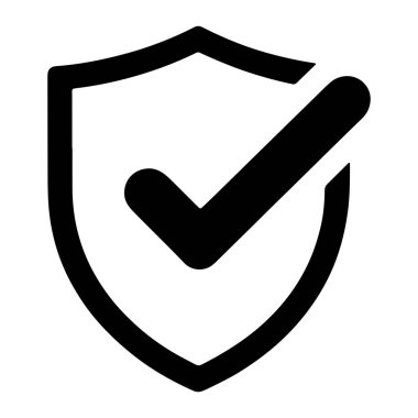 Kalın çizgili bir siyah kalkan simgesi beyaz bir arkaplanda sergilenir. Kalkanın içinde, sol alttan sağ üst tarafa doğru keskin bir siyah kontrol işareti var. Bu da onay veya doğrulamayı gösteriyor. Tasarım basit ve mod