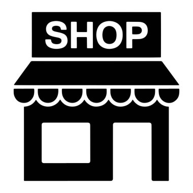 Basit bir siyah beyaz grafik simgesi bir mağaza önünü betimler. Binanın, üzerinde beyaz büyük harflerle 