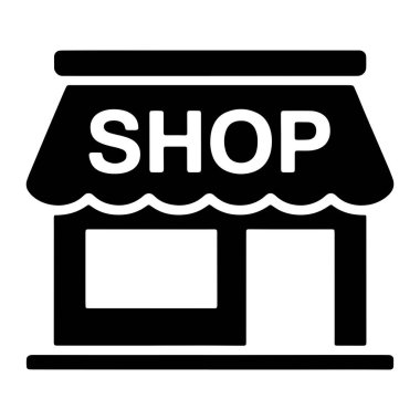 Siyah ve beyaz bir grafik basit bir dükkan binasını betimliyor. Yapıda beyaz büyük harflerle yazılmış 