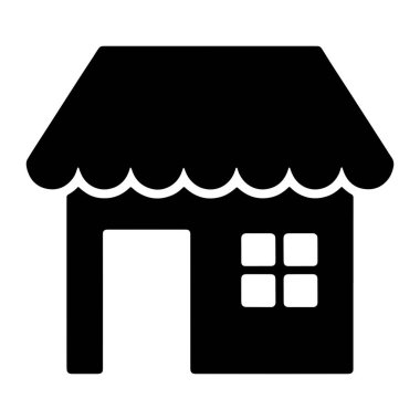 Siyah bir siluet simgesi basit bir dükkan binasını tasvir ediyor. Girişin üzerinde deniz tarağı tenteli olan yüksek bir çatısı var. Ön cephenin sol tarafında dikdörtgen bir kapı ve sağında dört kare cam olan bir pencere var. Simge