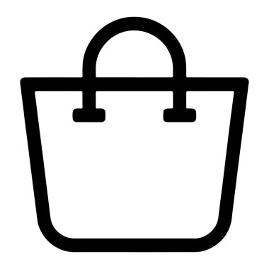 Bir alışveriş çantasının basit bir siyah taslak simgesi beyaz bir arkaplanda sergilenir. Çantanın yuvarlak köşeli dikdörtgen bir tabanı ve üzerinde iki tutacağı var. Tasarım, genel bir perakende veya mağazayı temsil eden minimalist ve temiz.