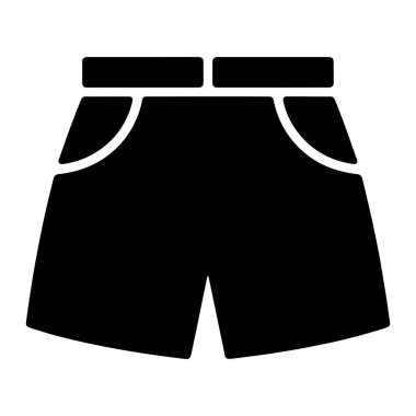 Bir şortun basit bir siyah grafik çizimi. Şort ön taraftan tasvir ediliyor, bir bel ve iki cebi var. Genel şekli temiz ve minimalist, ceplerinde ve bacaklarının altında yuvarlak kenarları var..