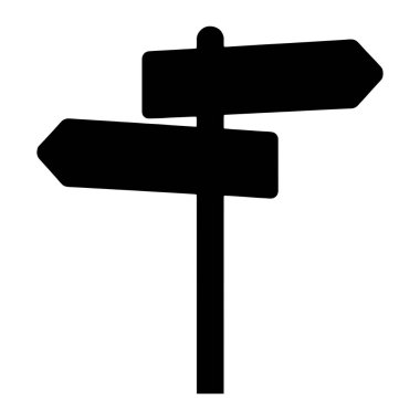Sağı ve solu işaret eden iki oklu bir işaret direğinin siyah silueti. Tabela direğinin üzerinde yuvarlak bir kapakla tek bir dikey direk ve iki yatay ok şeklinde işaret var. Arka plan bembeyaz..