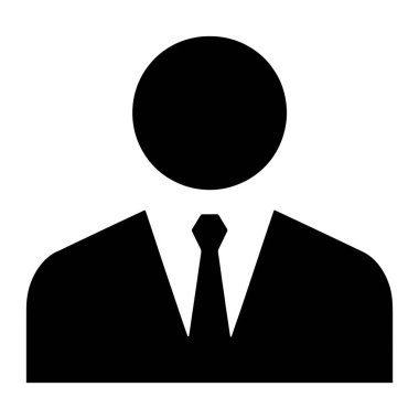 Takım elbise giyen ve kravat takan bir kişinin siyah silueti beyaz arka planda tasvir edilir. Görüntü üst vücudu gösteriyor, baş, omuzlar ve gövde dahil, tasmalı bir gömlek ve düğümlü bir kravat çizgisi ile. Tarz minimalis.