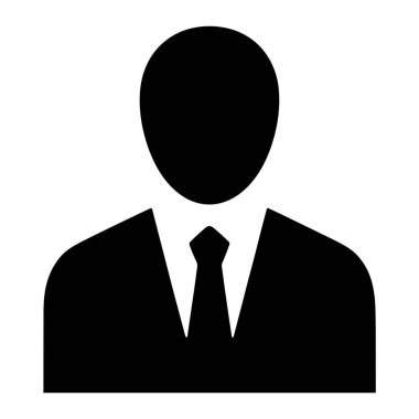 Bir kişinin siyah silueti omuzlarından yukarıya doğru tasvir edilir. Tasmalı gömlekli ve kravatlı resmi bir takım elbise giyiyor. Baş, oval bir yapıya sahiptir ve omuzları geniştir. Bu da klasik bir profesyonel temsil yaratır. Ka...