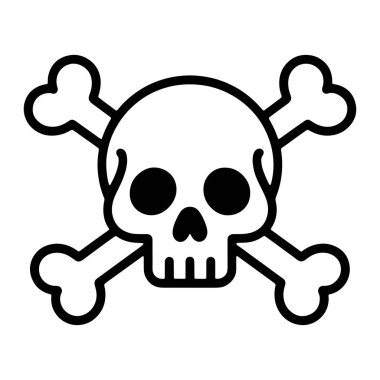 Arkasında iki çapraz kemik olan bir kafatası resmi. Kafatasının gözleri için iki büyük siyah dairesi, burun boşluğu için bir üçgen şekli ve diş için bir sıra siyah dikdörtgeni vardır. Çapraz kemikler yuvarlak e ile tasvir edilir.