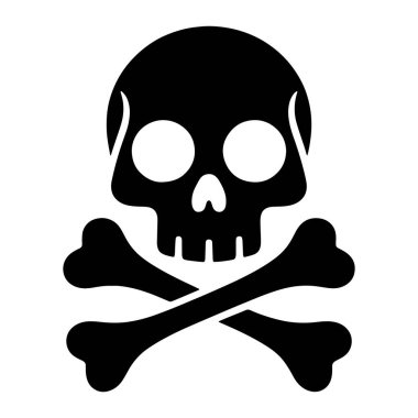 İki boş göz yuvası ve bir burun boşluğu olan siyah bir kafatası silueti düz beyaz bir arkaplan üzerine yerleştirilmiştir. Çapraz iki kemik kafatasının altında yatay olarak konumlandırılmış. O da simsiyah. Tüm resim bir grafik yansıması.