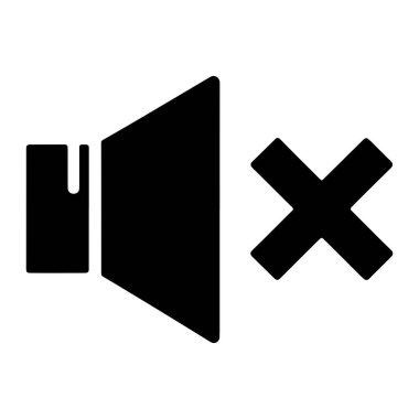 Siyah bir hoparlör simgesi, siyah bir haçın yanında dilsiz fonksiyonunu gösteren bir simge tasvir edilir. Hoparlörün solunda yuvarlak bir köşesi ve sol tarafında dikey bir yuvası olan üçgen bir şekli vardır. Haç hoparlörün sağında..