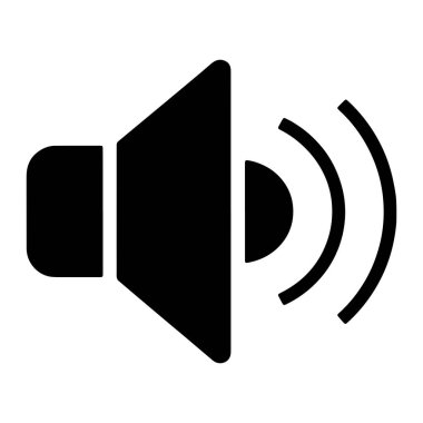 Basit bir siyah grafik simgesi, içinden ses dalgalarını gösteren üç eğri çizgili bir hoparlörü temsil ediyor. Simge düz beyaz arkaplana göre ayarlanır.