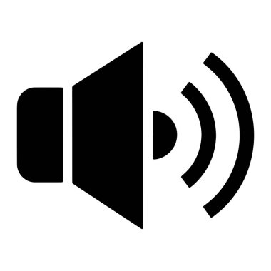 Bir hoparlör simgesinin siyah silueti beyaz bir arkaplana karşı görüntülenir. Hoparlörün sol köşesinde yuvarlak bir köşesi olan bir trapezoidal şekli var. Hoparlörün sağında, üç kıvrımlı çizgi içinden çıkan ses dalgalarını temsil ediyor.