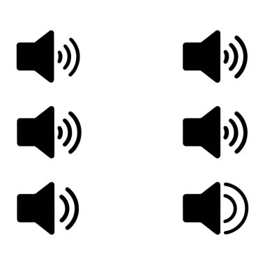 Bu grafik, üç sütunda aynı siyah hoparlörden oluşan altı simgeyi gösteriyor. Her ikon ses dalgalarını veya hacmini gösteren üç eğri çizgili bir hoparlör şeklini tasvir eder. Simgeler koyu siyah agai.