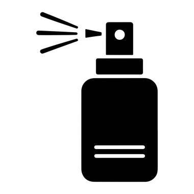 Beyaz arka planda siyah bir sprey şişesi tasvir edilir. Şişenin yuvarlak köşeleri ve tabanın yanında iki yatay çizgisi olan silindirik bir gövdesi var. Yuvarlak açıklıklı bir başlık tepeye bağlanır, ve ondan üç paralel