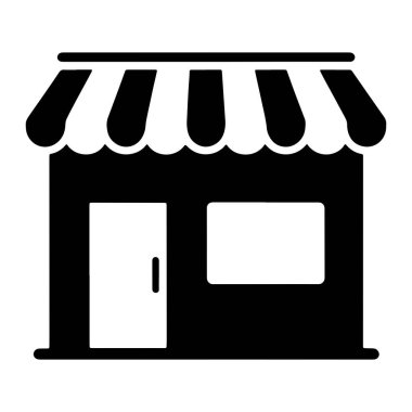 Basit bir siyah beyaz grafik ikonu bir mağaza binasını betimliyor. Binanın tepesinde deniz tarağı kenarlı bir tente var. Tentenin altında, solunda beyaz bir kapı ve üzerinde beyaz dikdörtgen bir pencere olan koyu siyah bir cephe var.