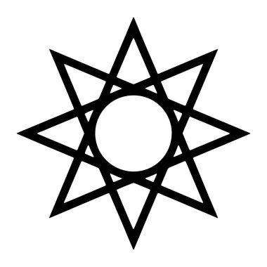 Siyah geometrik bir sembol beyaz bir arkaplanda gösterilir. Sembolde merkezi beyaz bir çemberden dışarıya doğru yayılan sekiz keskin nokta var. Noktalar siyah çizgilerin kesişmesiyle oluşturulur ve aralarında üçgen şekiller oluşur. Şey...