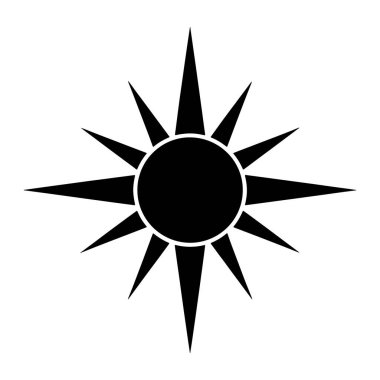 Bir güneş patlaması ya da yıldız patlaması sembolünün siyah bir grafiği düz beyaz bir arkaplanda görüntülenir. Merkezi element, her yöne doğru uzanan çok sayıda sivri ve sivri siyah ışının olduğu katı siyah bir çemberdir. Işınlar üçgen şeklinde. 