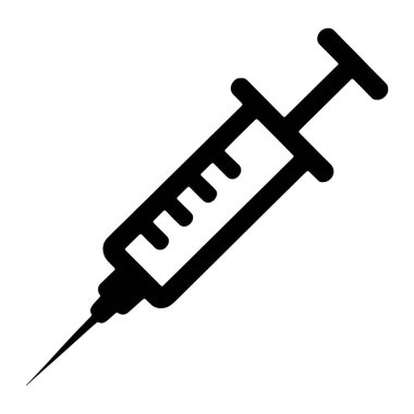 Tıbbi bir şırınganın siyah beyaz grafik çizimi. Şırınga namludan uzanan keskin bir iğneyle bir açıyla tasvir ediliyor. Pompa tepeden görülebilir ve işaretler namlunun kenarında gösteriliyor. Genel olarak,