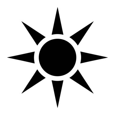 Bir güneş patlamasının siyah grafik sembolü düz beyaz bir arkaplanda sergilenir. Sembolde dışarı doğru uzanan sekiz keskin, sivri ışınla merkezi bir siyah daire yer alıyor. Işınlar üçgen şeklinde ve çemberin etrafında eşit aralıklarla dönerler.