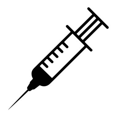 Şırınganın iğneli siyah bir simgesi. Şırınganın üzerinde ölçüm işaretleri ve pompa olan temiz bir namlusu var. İğne keskin ve sivri. Görüntü, tıbbi bir aracın basit ve temiz bir grafik gösterimidir..