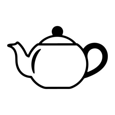 Beyaz arkaplandaki bir çaydanlığın basit bir siyah çizgisi çizimi. Çaydanlığın yuvarlak bir gövdesi, kıvrımlı bir sapı, bir çıkıntısı ve düğmeli bir kapağı var. Çizgiler kalın ve kalın, grafik ve temiz bir tasarım yaratıyor..
