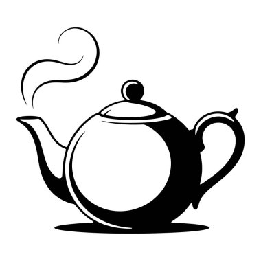 Bir çaydanlığın sapı ve kapağı olan siyah bir silueti beyaz arka planda tasvir edilir. Ağızdan çıkan siyah buhar zerreleri içerideki içeceğin sıcak olduğunu gösteriyor. Çaydanlık ince bir gölgede duruyor..