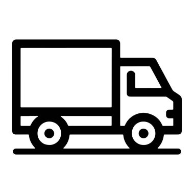 Bir kamyonun basit bir siyah taslak simgesi beyaz arka planda görüntülenir. Kamyon profil ile resmedilmiş, sağa dönük, dikdörtgen bir kargo alanı ve ayrı bir taksi ile. Kamyonun altında iki dairesel tekerlek görünüyor. Genel biçim