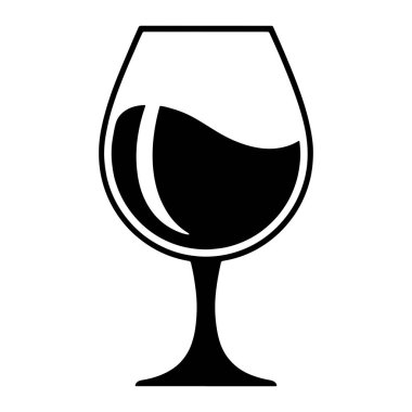 Koyu bir sıvıyla dolu bir şarap kadehinin minimalist siyah beyaz çizimi. Camda geniş bir kase ve ince bir gövde var. Sıvı, kasenin içinde pürüzsüz ve kıvrımlı bir yüzey oluşturuyor. Görüntü, beyaz bir sırta karşı basit bir siluettir.