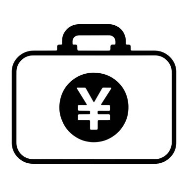 Bir evrak çantasının basit bir siyah beyaz çizimi. Yen para birimi sembolünü içeren dairesel bir amblem evrak çantasının önünde belirgin bir şekilde sergilenmektedir. Çantanın üst ve yuvarlak köşelerinde bir sapı var..