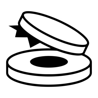 Açık makyaj pudralığının siyah beyaz çizimi. Kompaktın alt kısmı, ortasında siyah bir daire olan ve tozu temsil eden dairesel bir taban. Kapak eğilerek açılır ve alt tarafında yıldız şeklindeki bir patlama tasarımı ortaya çıkar.