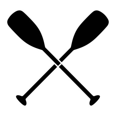 Beyaz arka planda iki siyah raket kesişiyor. Küreklerin geniş, düz bıçakları ve yuvarlak bir uca kadar konik uzun, ince şaftları vardır. Görüntü, su sporlarında kullanılan ekipmanların basit ve grafik bir temsilidir..