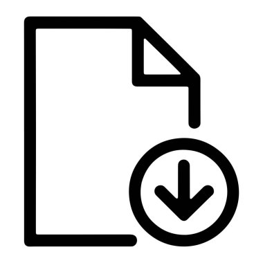 Siyah bir taslak simgesi, sağında katlanmış bir köşesi olan bir belge sayfasını tasvir eder. Belgenin altında ve sağında, dairesel bir sembol aşağıya bakan bir ok içeriyor. Simge düz beyaz arkaplana göre ayarlanır.