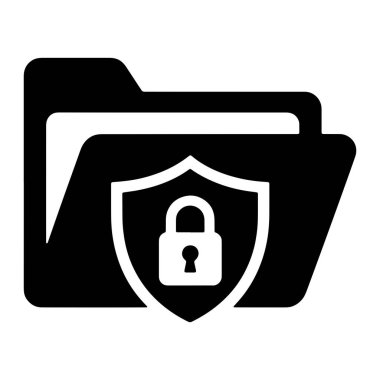 Önünde beyaz bir kalkan olan açık bir klasörü tasvir eden siyah bir simge. Kalkanda anahtar deliği olan beyaz bir asma kilit sembolü var. Genel tasarım basit ve modern olup, veri güvenliği veya mahremiyeti temsil etmektedir..