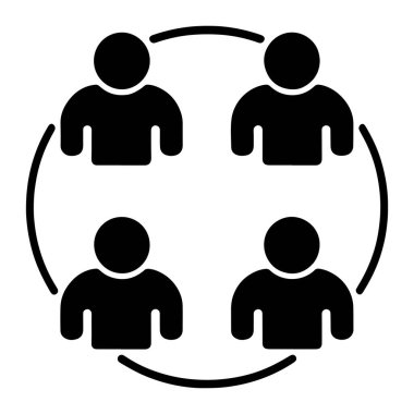 Siyah ve beyaz bir grafik ikonu dairesel bir şekilde sıralanmış dört sadeleştirilmiş insan figürünü tasvir eder. Her figür yuvarlak bir başı ve hafifçe dibe doğru incelen bir gövdesi olan koyu siyah bir şekil tarafından temsil edilir. Eğri siyah çizgiler bağlanıyor 