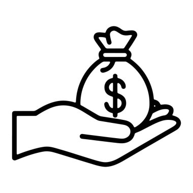 Siyah bir taslak, para çantasını destekleyen bir el kapağını gösteriyor. Para çantası en üste bağlı ve ortada belirgin bir dolar işareti var. Biçim, beyaz arkaplanda basit bir çizgi çizimidir.