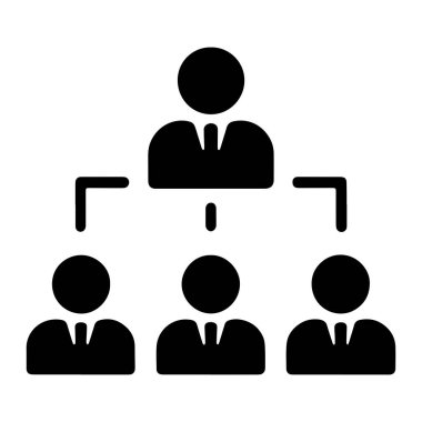 Siyah-beyaz düz tasarım bir hiyerarşik organizasyon yapısını tasvir eder. Tepede, tek bir figür aşağıdaki üç figürle bağlantılı olan ve astları veya takım üyelerini sembolize eden bir liderliği temsil ediyor. Görüntü 