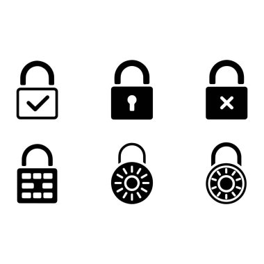 Farklı kilit türlerini temsil eden altı siyah simge koleksiyonu. Üst satırda üç standart asma kilit var: birinde kontrol işareti, birinde anahtar deliği, diğerinde de çapraz sembol var. Alt satır üç kombinasyon kilidi gösterir: biri gr ile.
