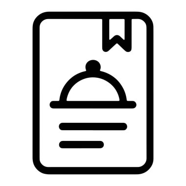 Menüyü temsil eden siyah beyaz grafik simgesi. Simgede yuvarlak köşeli bir belge, bir saat tarafından kaplanmış bir yemek tabağı ve sağ üst köşede bir yer imi sekmesi yer alıyor. Çanağın altında muhtemelen iki yatay çizgi var.