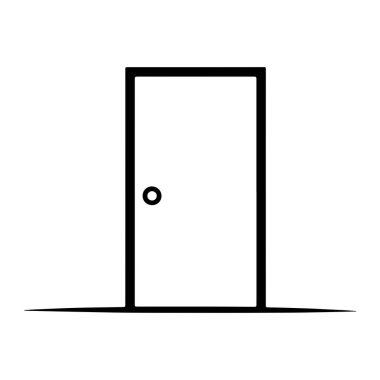 Sol tarafında küçük yuvarlak bir düğmesi olan dikdörtgen bir kapının basit siyah bir çizgisi. Kapı yatay bir çizgide konumlandırılmış, bir eşik hissi yaratıyor. Arka plan düz beyaz, kapının katıksız grafik tasarımını vurguluyor..