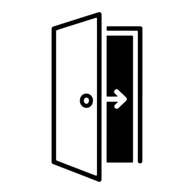 Bir siyah beyaz grafik simgesi, bir çıkış ya da geçidi gösteren beyaz bir okla açık bir kapı tasvir eder. Kapı hafifçe aralık gösterilerek, karanlık bir iç mekan ortaya çıkıyor. Tasarım minimalist ve temiz, kalın çizgiler kullanıyor.