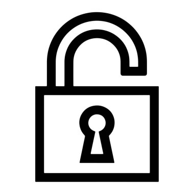 Açık asma kilidin basit bir siyah beyaz çizimi. Asma kilidin merkezinde anahtar deliği ve üstünde açık bir pranga olan kare bir gövdesi var. Çizgiler kalın ve kalın, net ve kolayca tanınabilir bir sembol oluşturuyor..