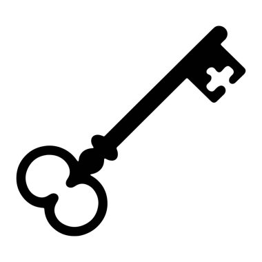 Süslü bir antika anahtarın siyah silueti düz beyaz arka planda sergilenir. Anahtar, iki loplu dekoratif bir yay ve farklı çapraz kesikli bir parçaya giden ampul şeklinde bir şaft içeriyor. Genel tasarım...