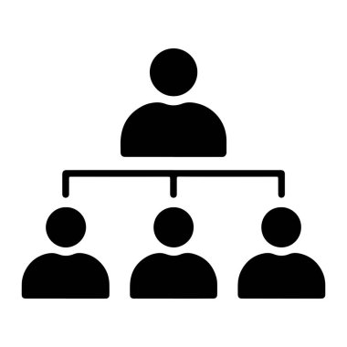 Bir siyah-beyaz grafik ikonu bir organizasyon şemasını betimliyor. En üstte, tek bir kişi simgesi yatay bir çizginin üzerinde konumlandırılmıştır. Bu çizgiden aşağıya doğru iki dikey çizgi uzanır ve aşağıdaki iki kişi simgesine bağlanır. Üçüncü bir kişi.