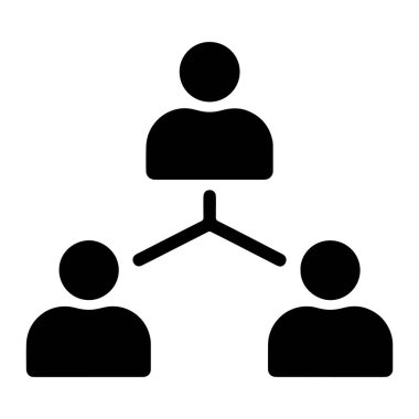 İnsanların hiyerarşik yapısını tasvir eden siyah bir ikon. Tepede, tek bir figür aşağıdaki iki figüre çizgilerle bağlanır. Şekiller basit, yuvarlak şekillerle temsil edilir. Arkaplan beyaz.